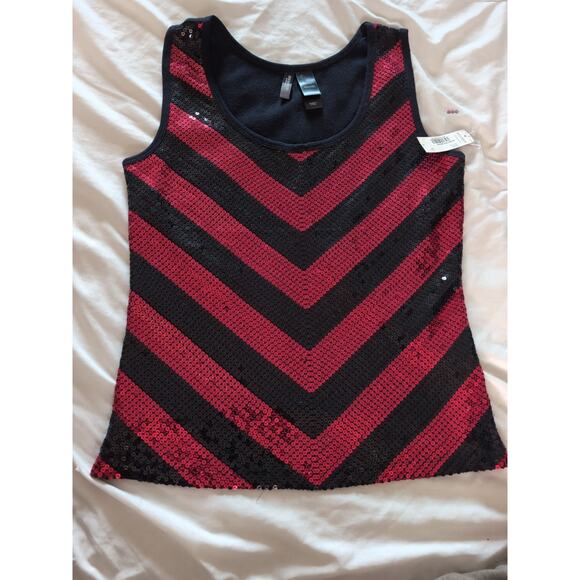 Red Black Sequin Chevron Tank Top Size Large Y2K Glam Party Top. Bisou Bisou - Picture 1 of 8